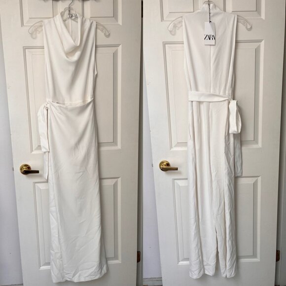 NWT ZARA White Sleeveless Cowl Neck Belted Jumpsuit S BLOGGER FAV - Picture 6 of 16